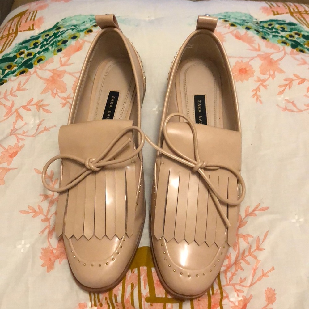 Nude pearl studded loafers
